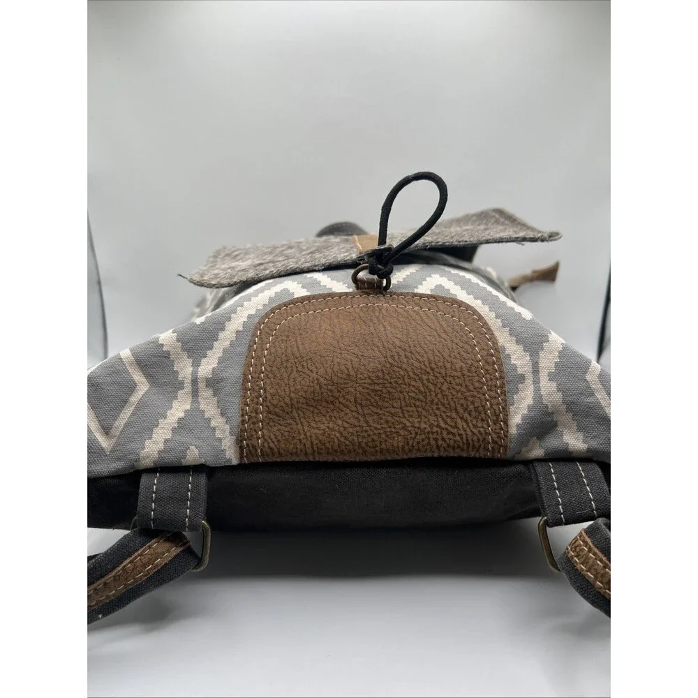 Myra Bag‎ Aztec Motif, Leather, Cotton Backpack, Flap Closure, Grey/White, VGC